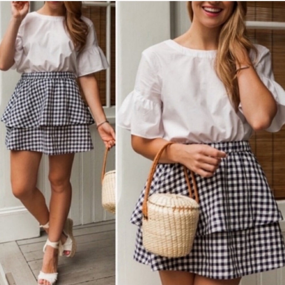 Madewell blue/white gingham tiered mini skirt xs